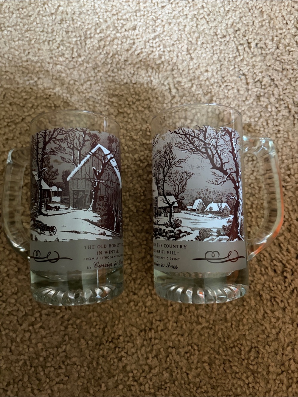 Set of 2 Clear Glass Mugs with Brown Winter Scene Print